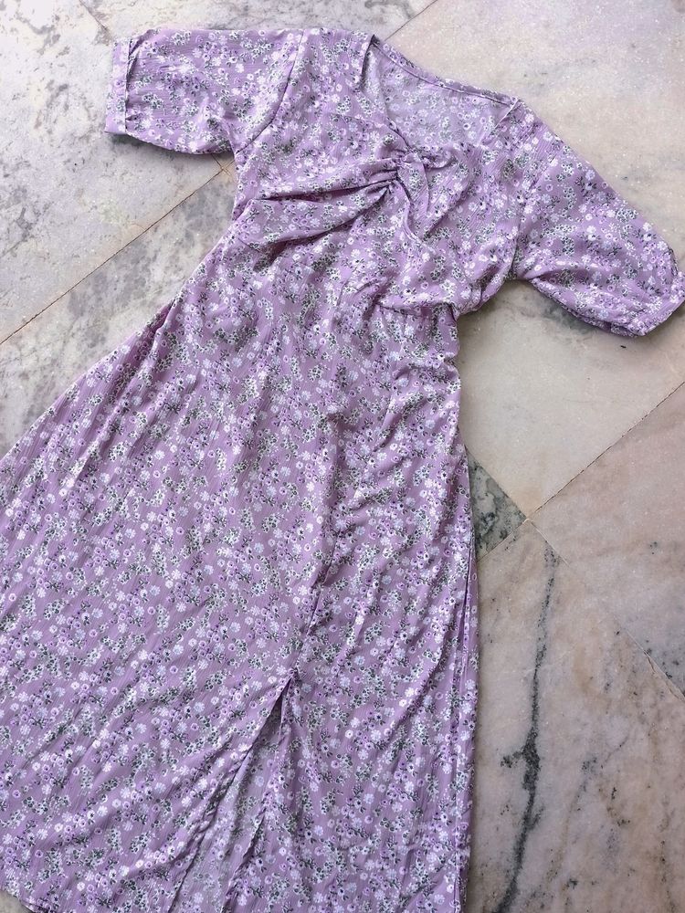 Floral print lavender dress with front slit