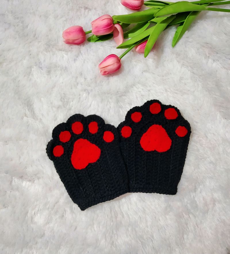 Crochet Black - Red Catpaw Gloves