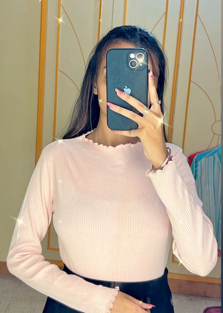 Cute full sleeves T-shirt 🥰 Baby pink 💗Ribbed material Semi winter ❄️ Decent look 👀