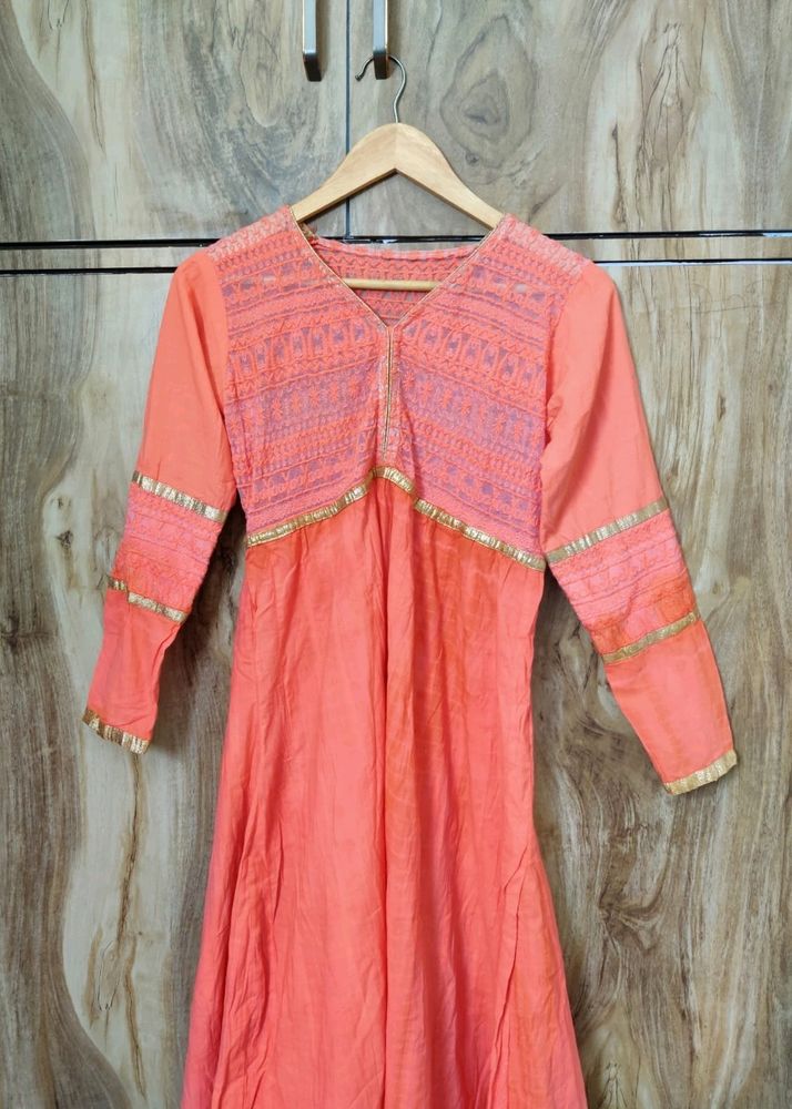 Coral Colour Cotton Long Kurti Bust Size-34