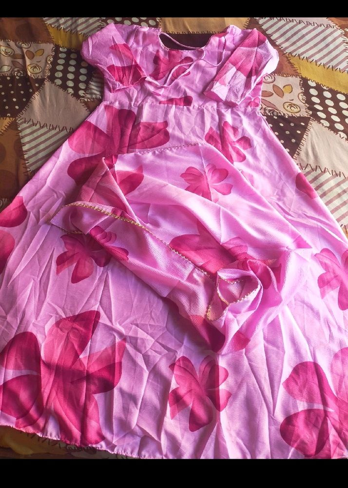 Designer Pink Floweral Frock With Dupatta