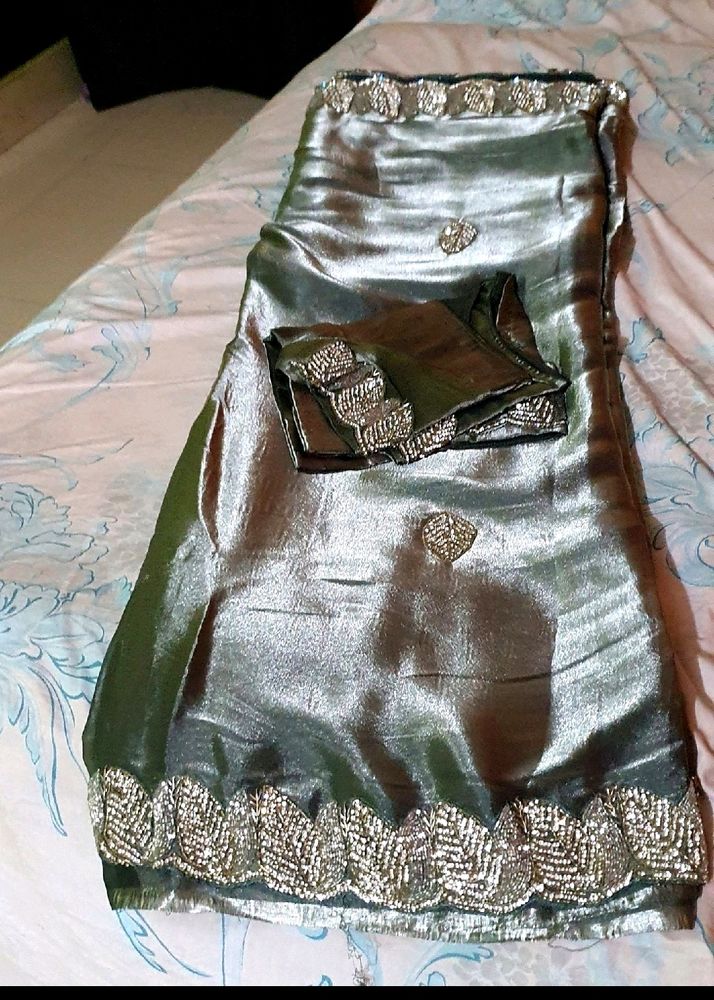 Party wear silver hand work saree