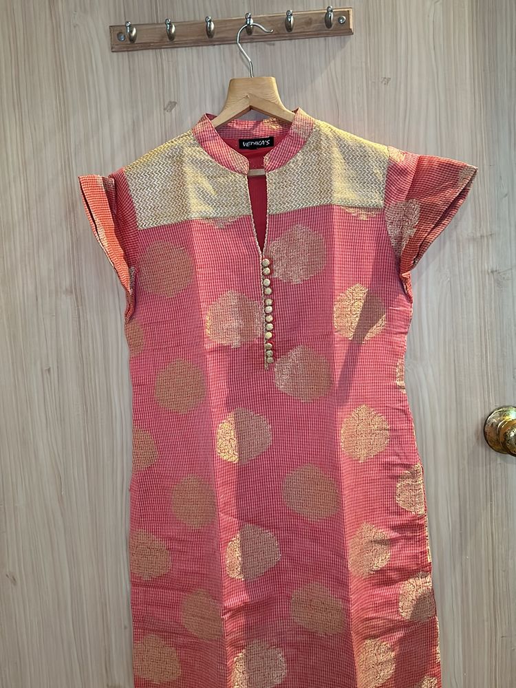 Benarasi Silk Cotton Deep Peach Kurti