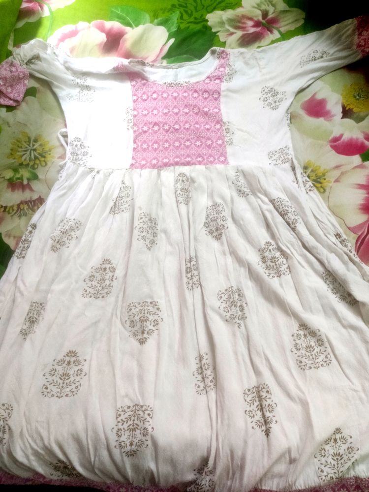 White Cotton Anarkali Dress Kurta With Belt