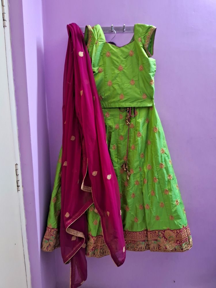 Green Colour Lehenga Choli With Pink Dupatta