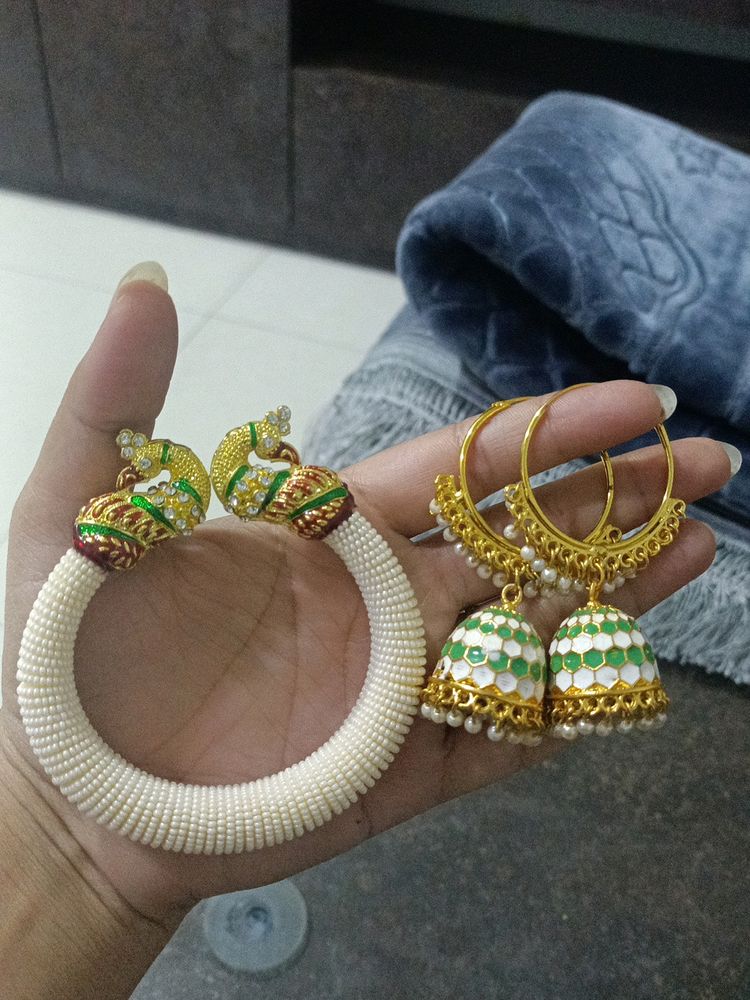 Beautiful Kundan Peral Breclet And Earings White And Green Touch 💚🤍