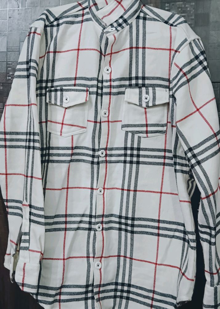 White Colour Winter Checked Shirt For Mens