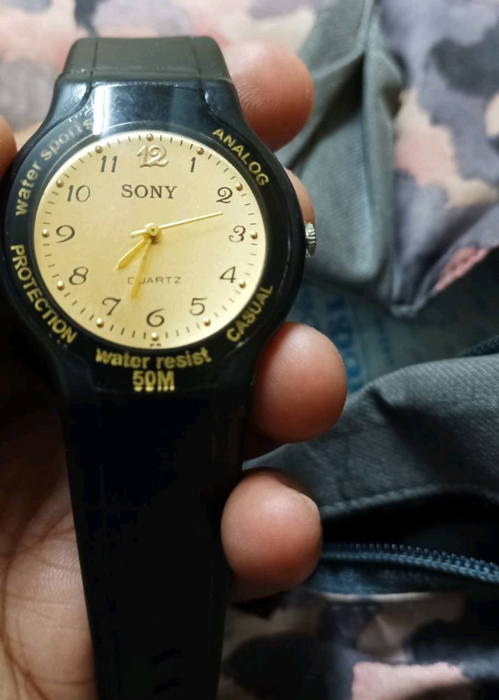 Black colour watch with golden dial