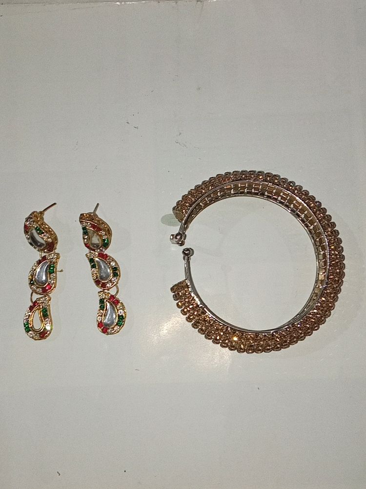 Combo Offer Of Golden Bracelet And Multi Coloured Golden Earrings