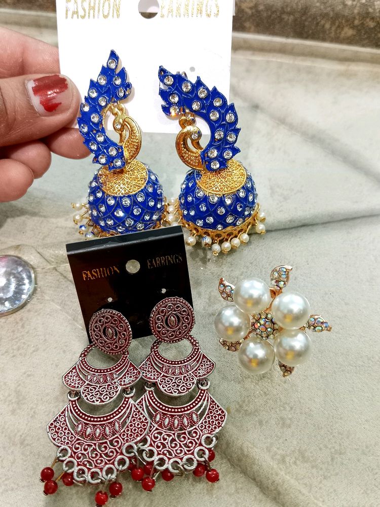 Beautiful Earrings &Ring Combo Of 3😍