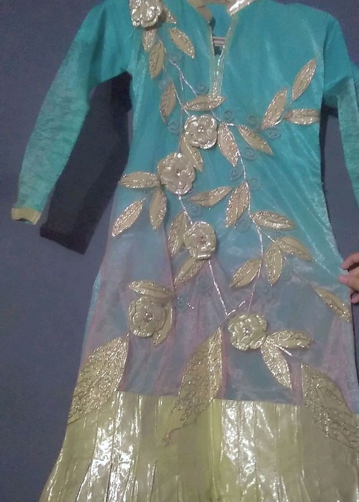 Sea Green And Pink Orange Ethnic Kurta With Dupatt