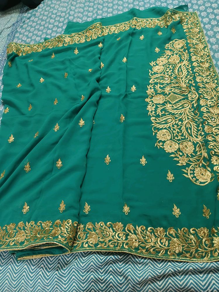 Beautiful Sea green Embroidery Work Saree