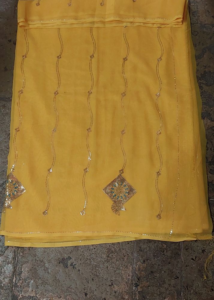 Yellow Ethnic Sequins Work Saree