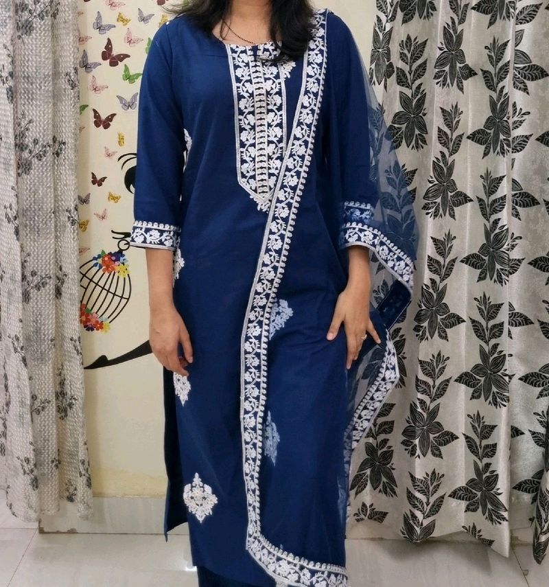 GoSriki : Blue Suit With Pant & Dupatta