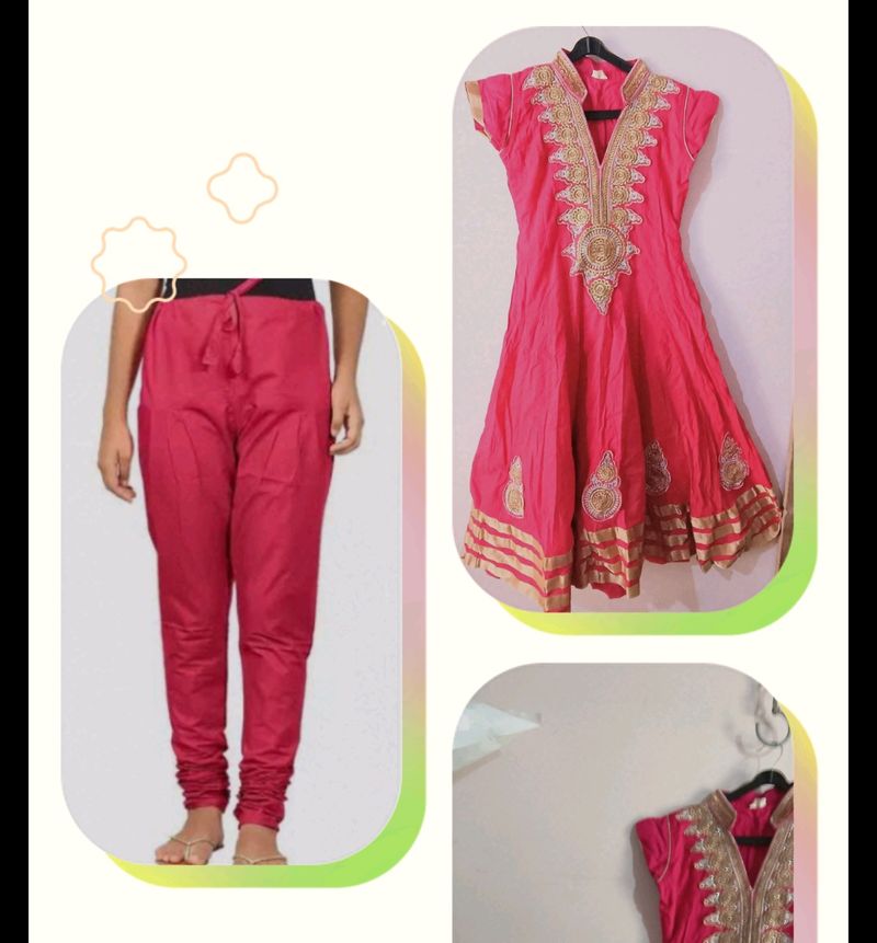 Rose Pink Anarkali With Heavy Patchwork Design