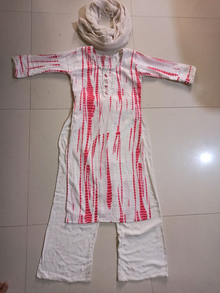 Pink&White Color Kurti Palazo Set With Dupatta