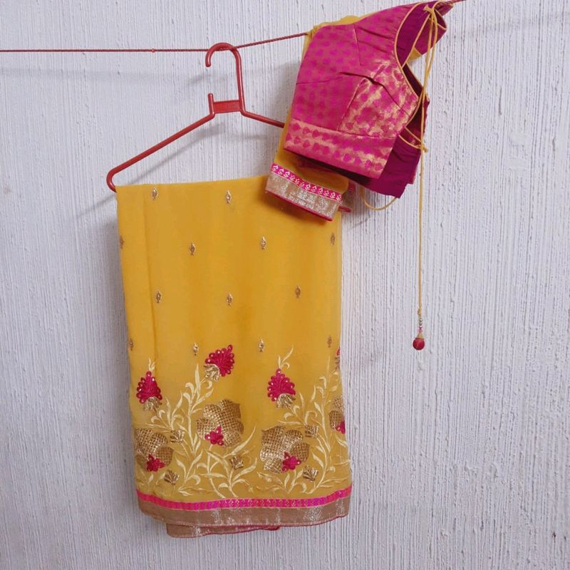 Gorgeous Mustard Silk Saree With Pink Embroidery