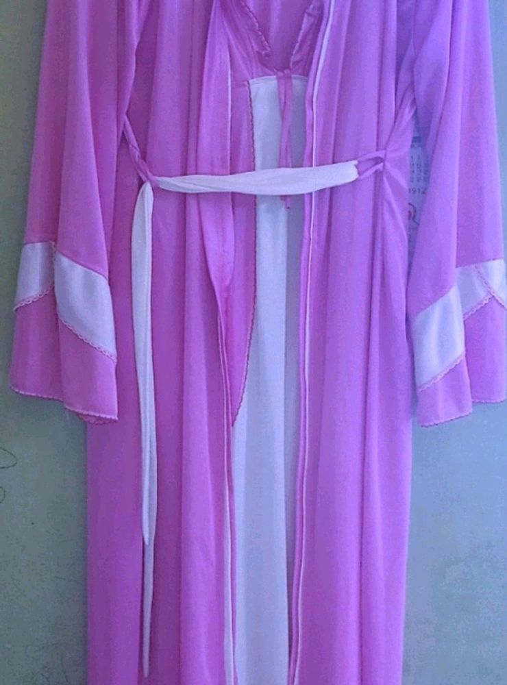 Pink And White Satin Silk Nighty With Jacket