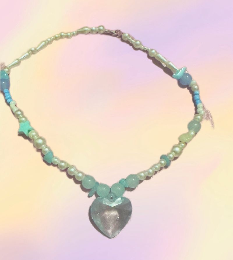 Handmade Couquette Heart  Necklace Blue