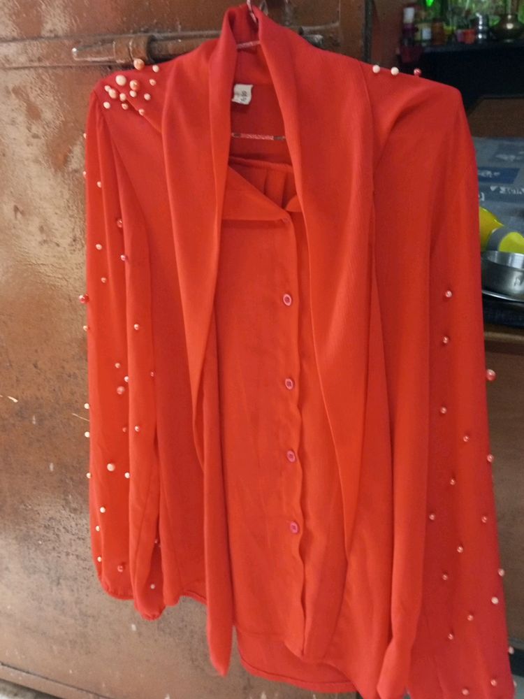 Red Top With Full Pearls Sleeves