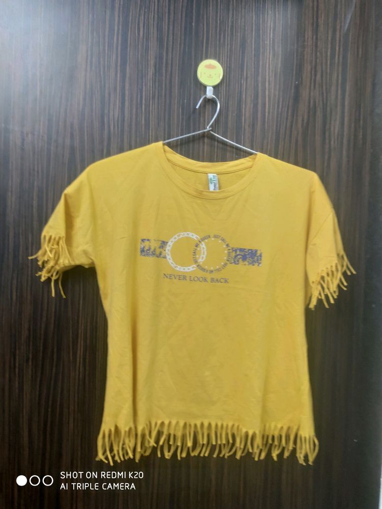 yellow fringe style printed top