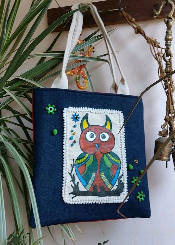 Artistic Owl Handpainted Tote Bag