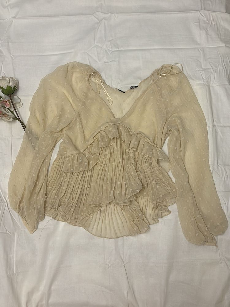 Beige Frill Top - Balloon Sleeves