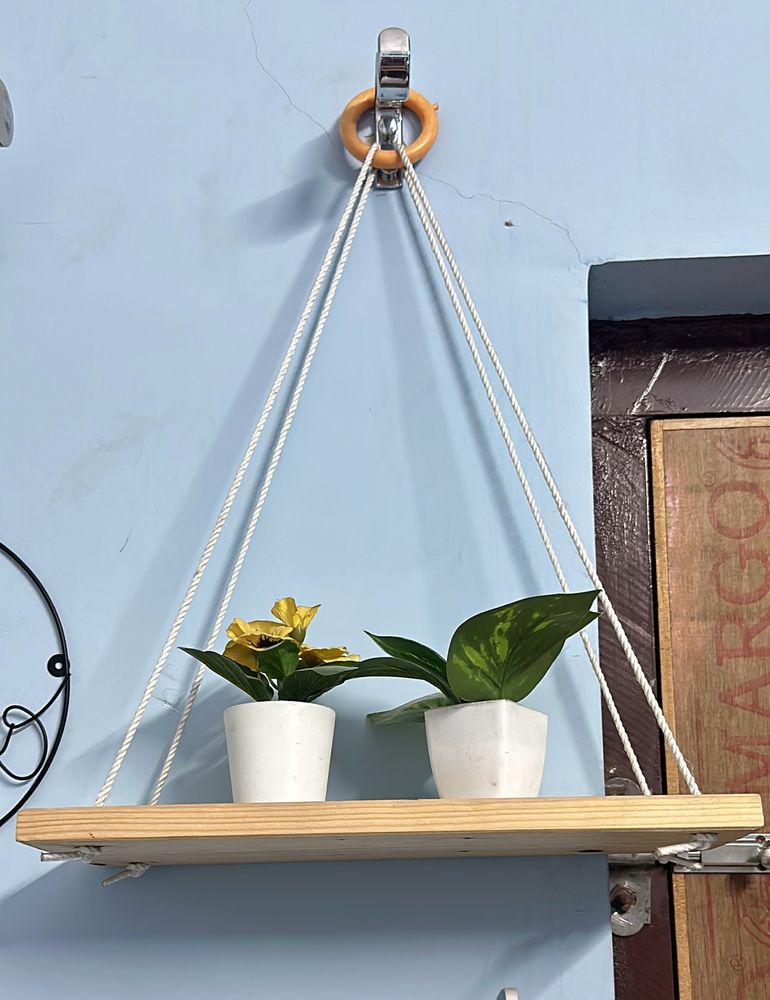 Wooden Macrame Hanging Shelf With Ikea Plants