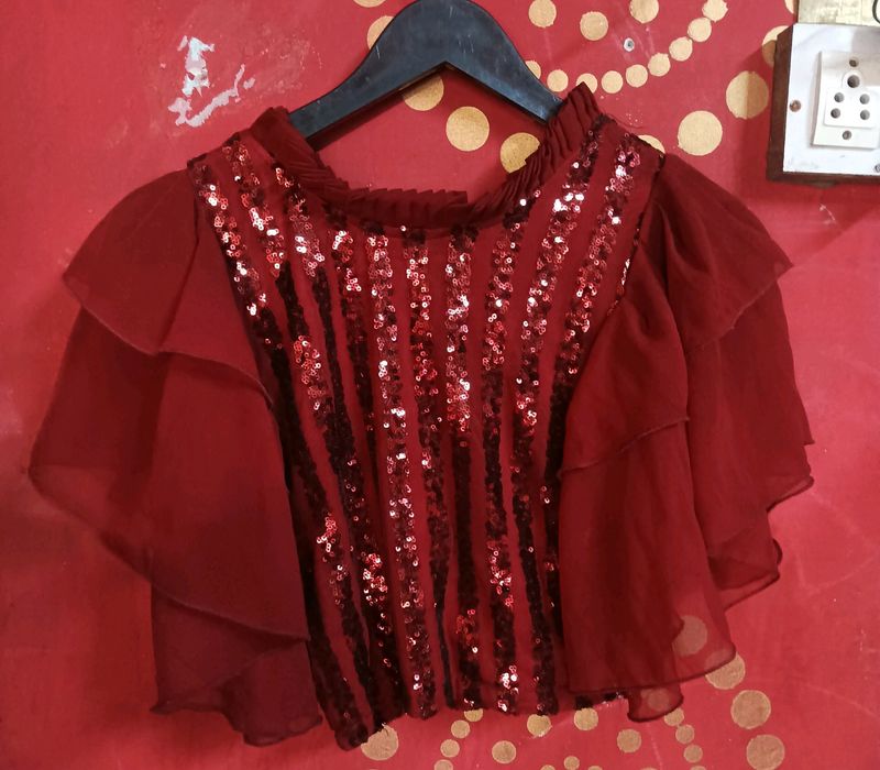 Girls Maroon Sequin Top