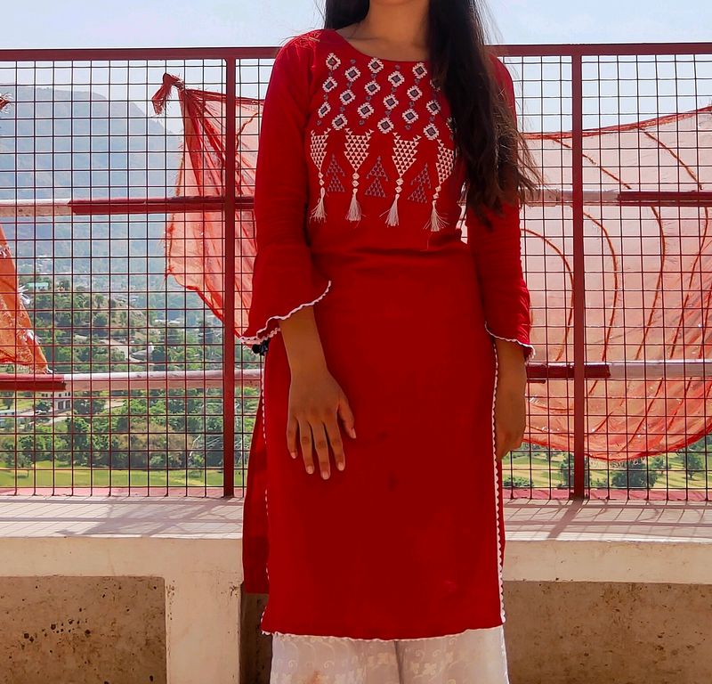 Red Beautiful Embroidery Kurti