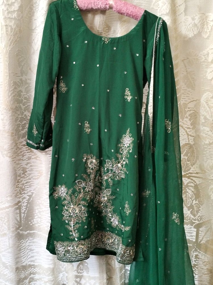 Beautiful green SKD With All Over Silver embroidery work