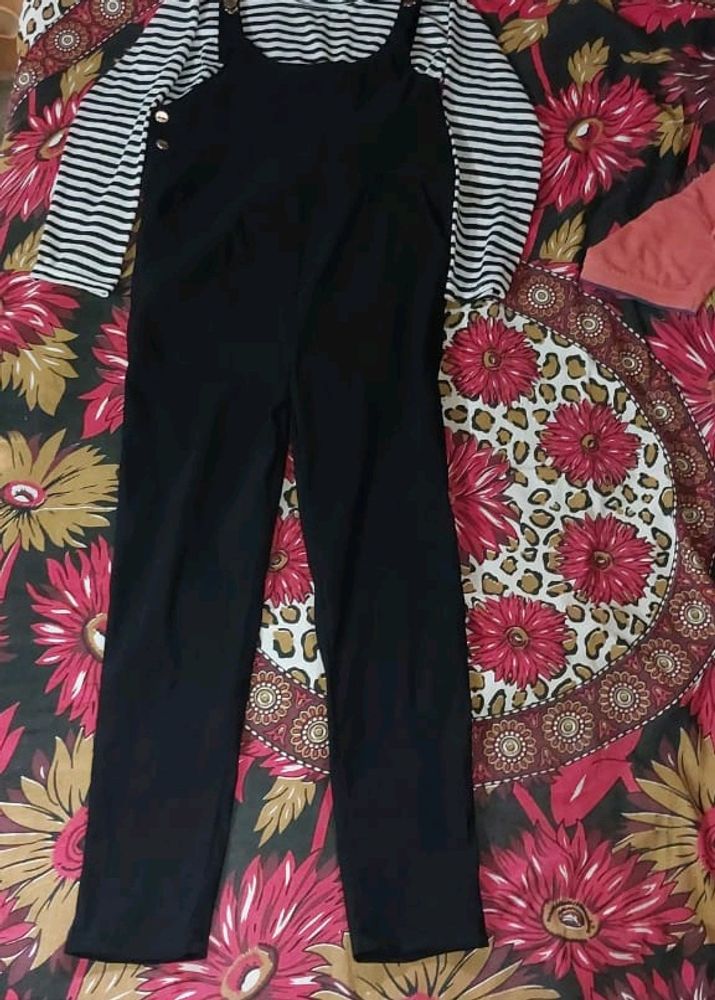 Black Dungaree With Stripped Top