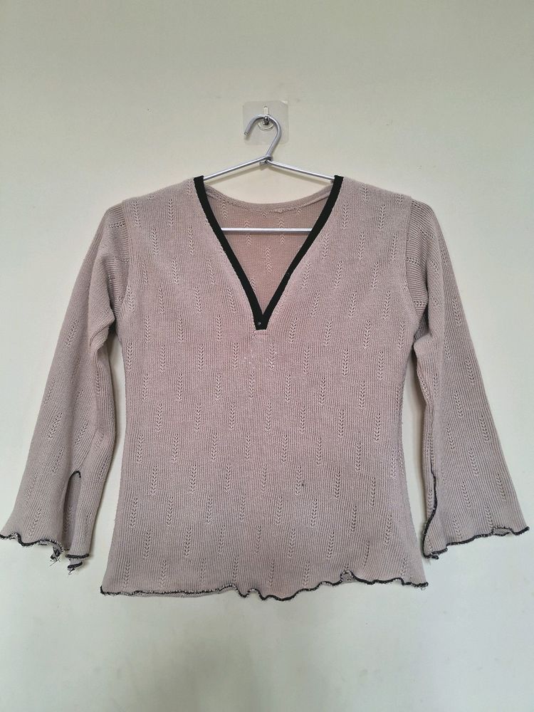 Korean V Neck Beige Sweater