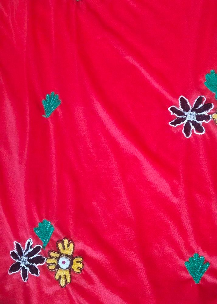 Red Colour Saree With Embroidery Flowers