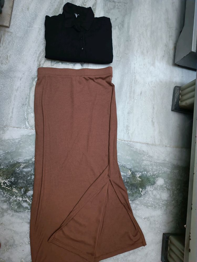 Brown Ribbed Slit Skirt With Shirt