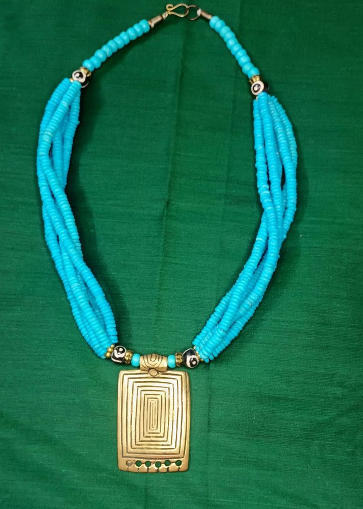 Blue Necklace With Gold Brass Pendant