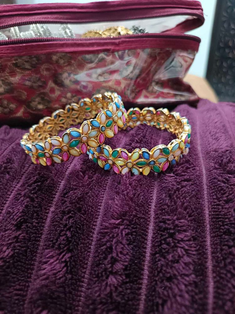 Pack Of 2 Multicolored Stone Metal Bangles