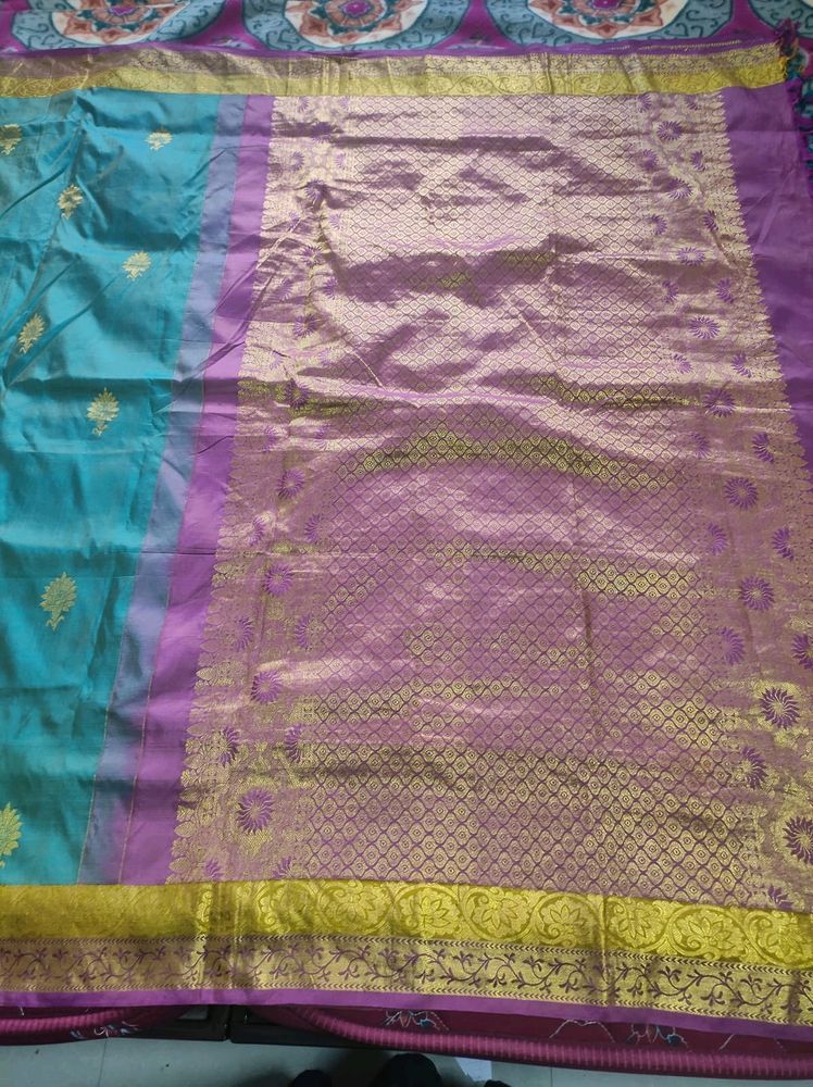 Teal With Purple Pure Silk Saree