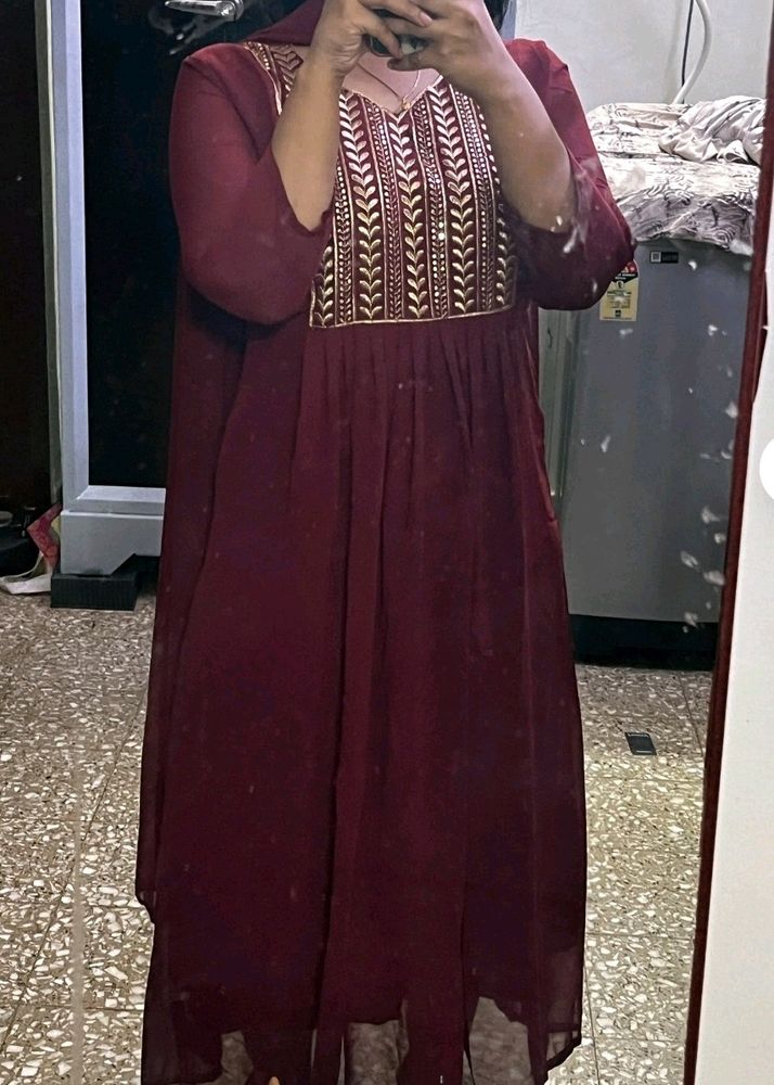 Maroon Anarkali Kurthi Set