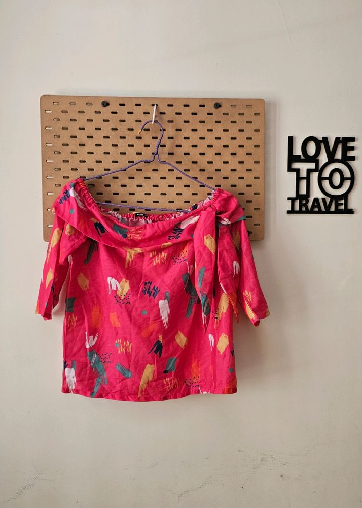 AJIO Off Shoulder Pink Top With Tie-up