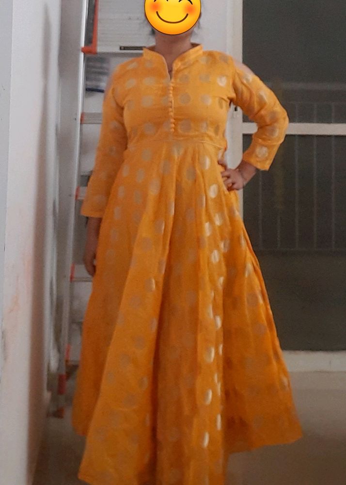 Haldi Yellow Kurti Long Dress Frock. Embroidery.