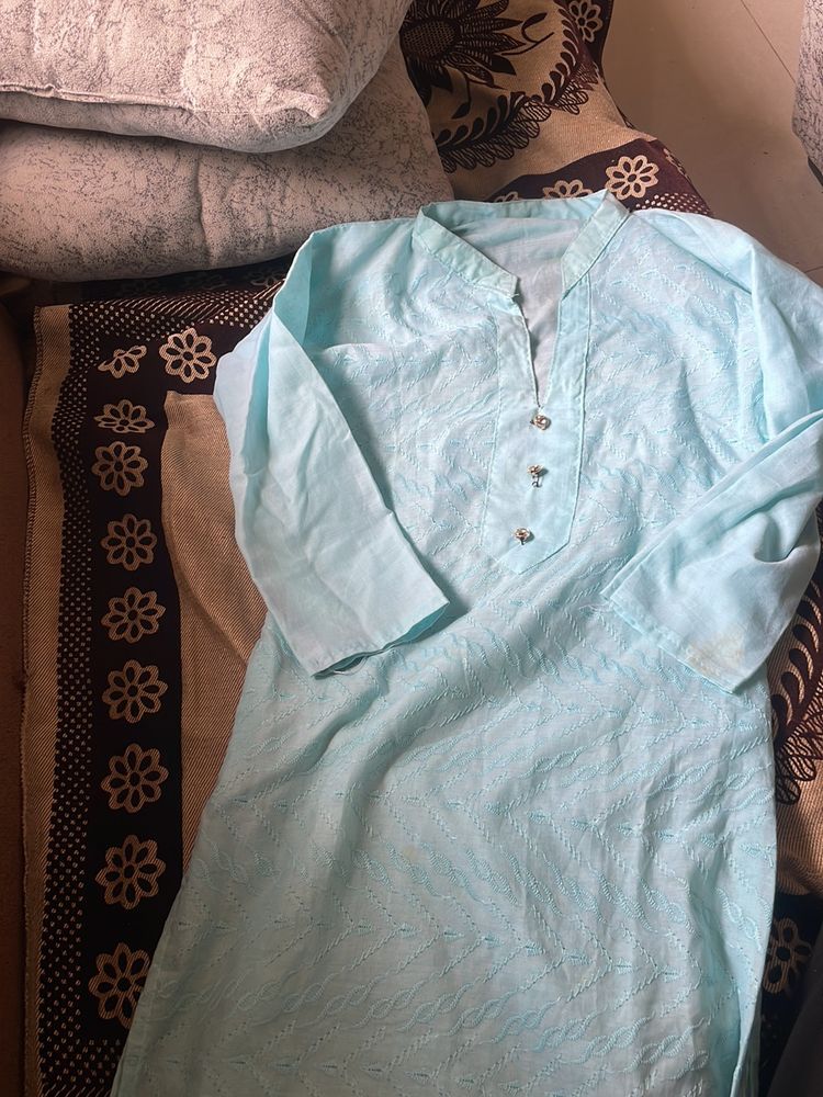 Sea Blue Kurti White Embriodry