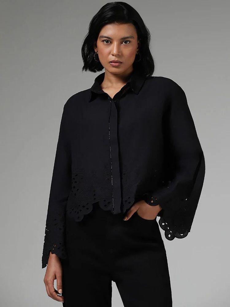 LOV cut Work Embroidery Black Shirt