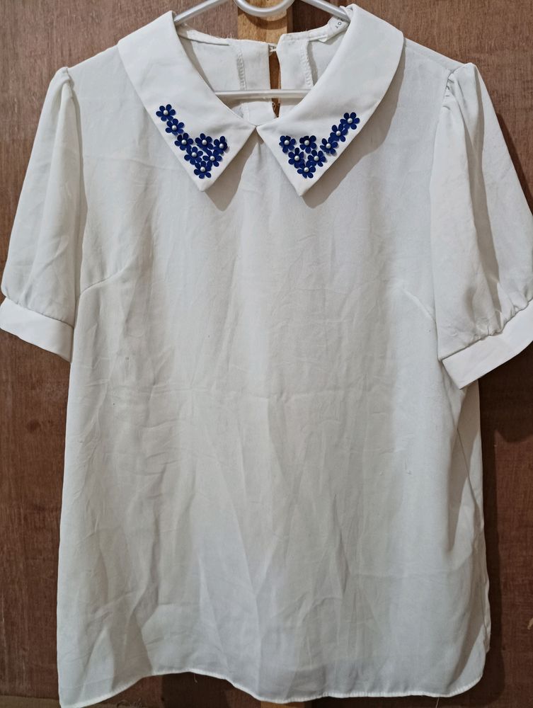 Korean White tops With Cute collar