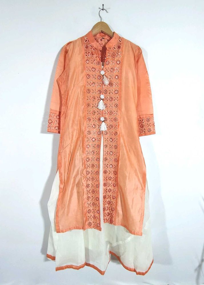 White And Coral Kurta Set (Women's)