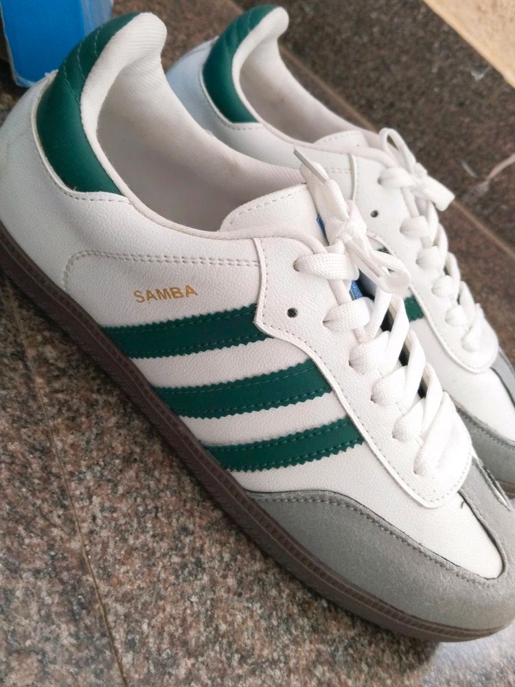 Adidas Sambas Grey With Green Strips(Dupe )