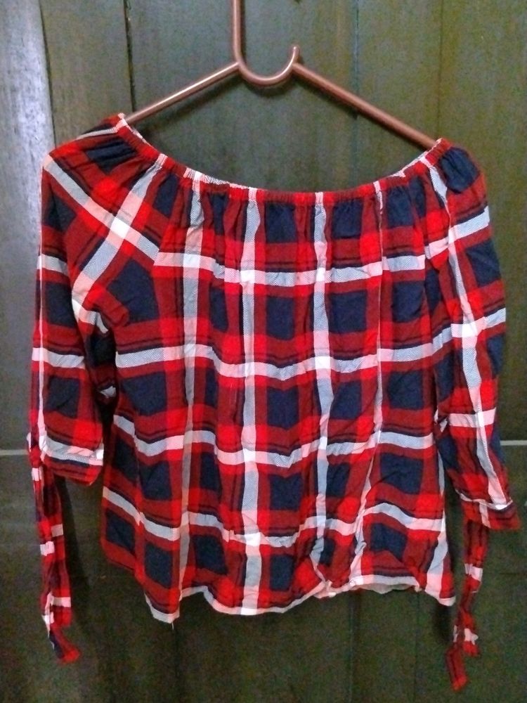 Red Color Crop Top With Black And White Stripes.