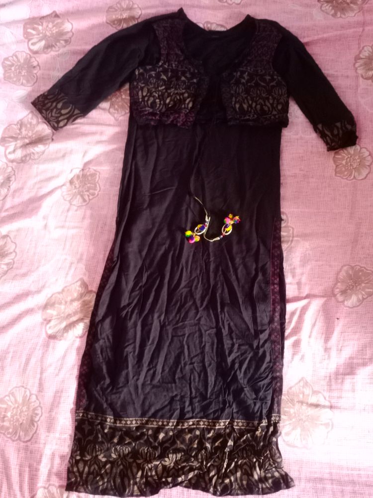 Black Straight Long Kurtha With Jacket