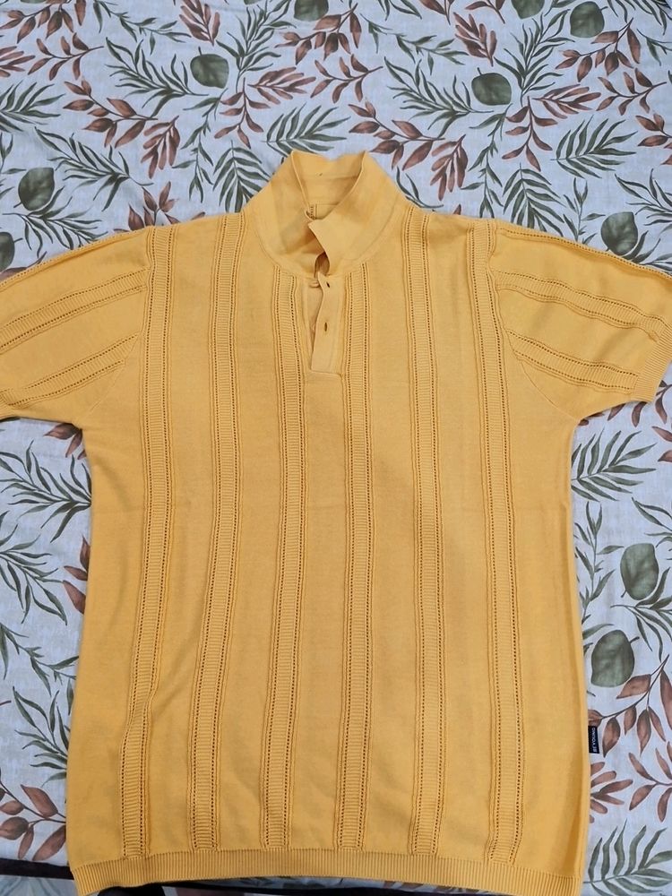 Yellow Flat Knit Solid Polo T-Shirt For Men