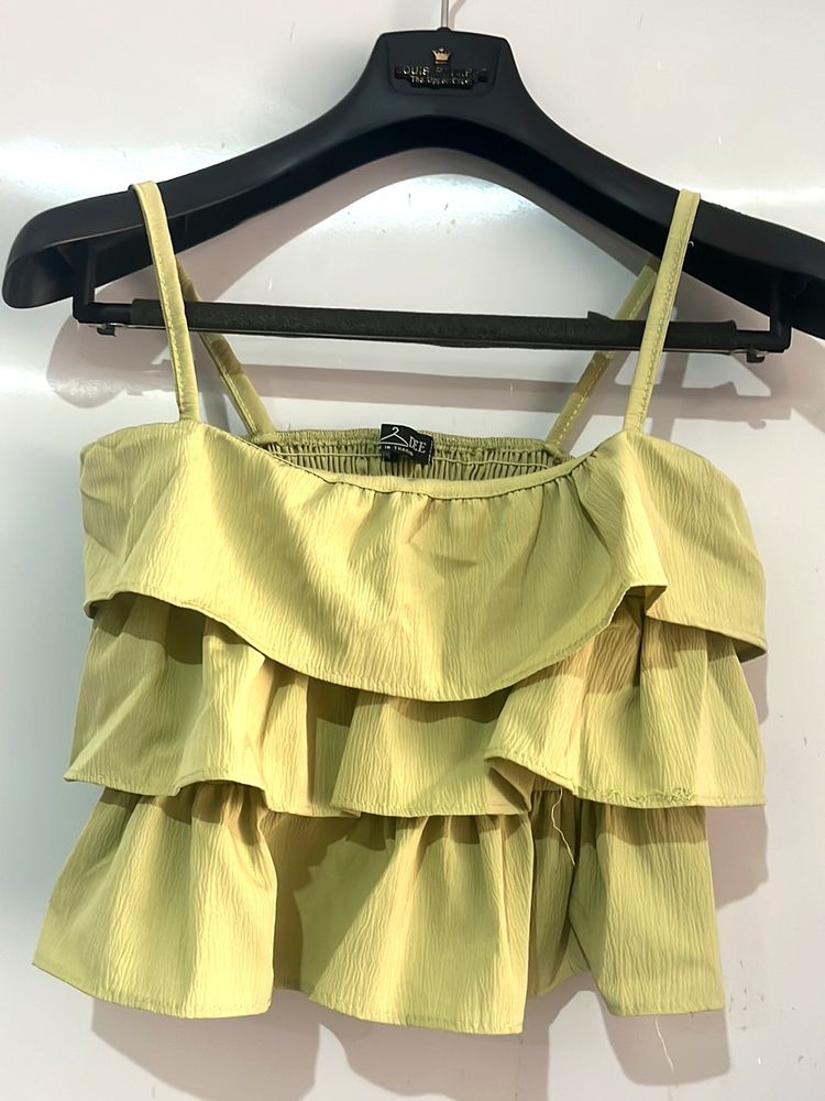 Lime green Ruffles Crop Top With Ruched Back